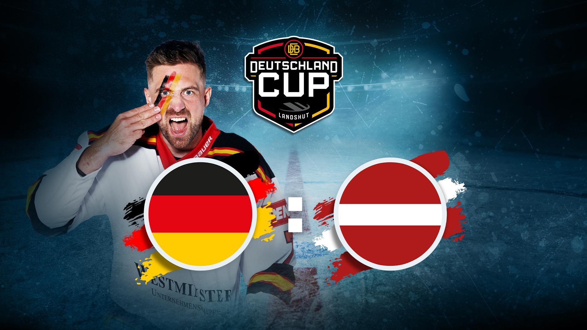 Werbegrafik Deutschland Cup mit Logos von Deutschland und Lettland auf Eishockey Hintergrund